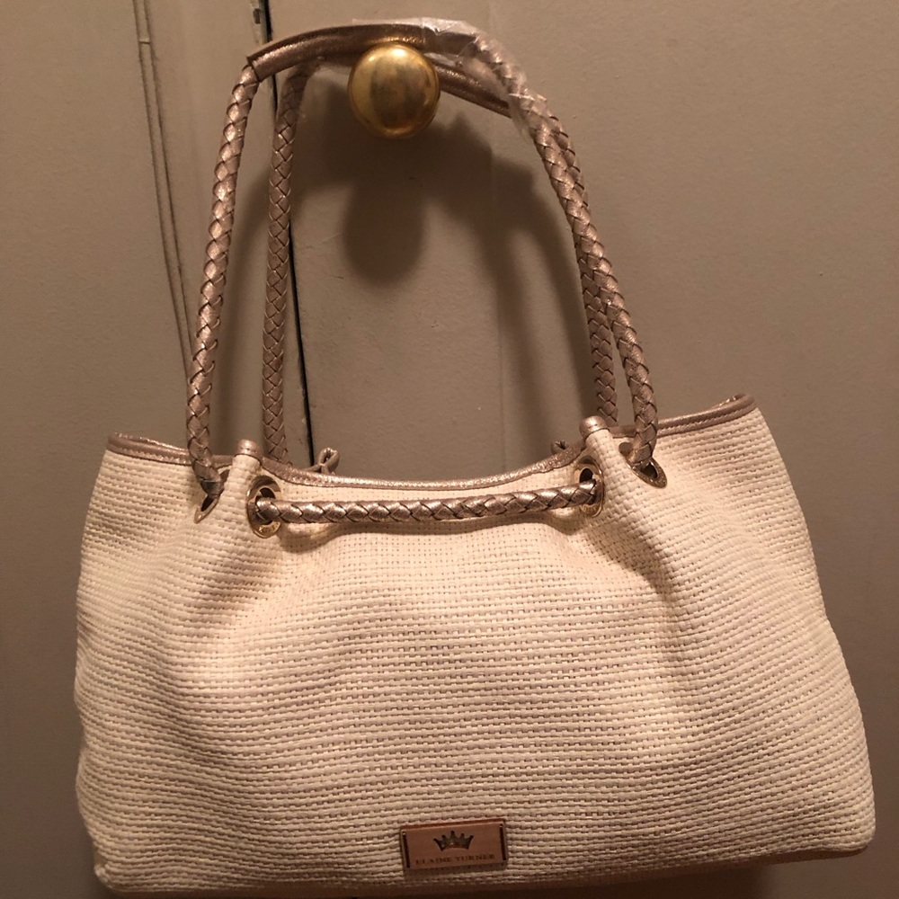 NWT Gorgeous large Elaine Turner Cream Raffia Shoulder bag w/ gold leather trim